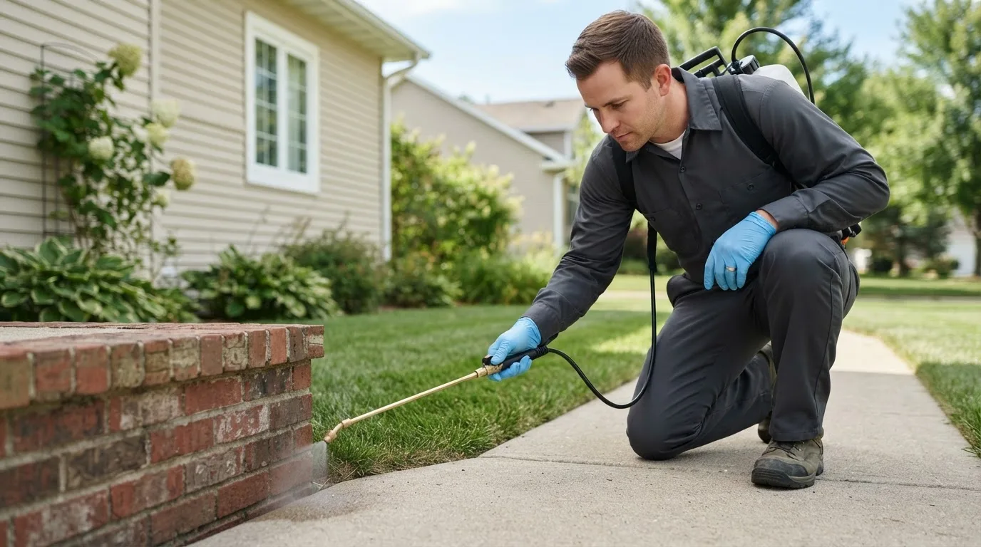 Pest control technician treating a home near South Weymouth, MA